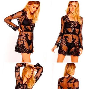 Missguided Floral Embroidered Mesh Romper Beach Cover Up Lace Up